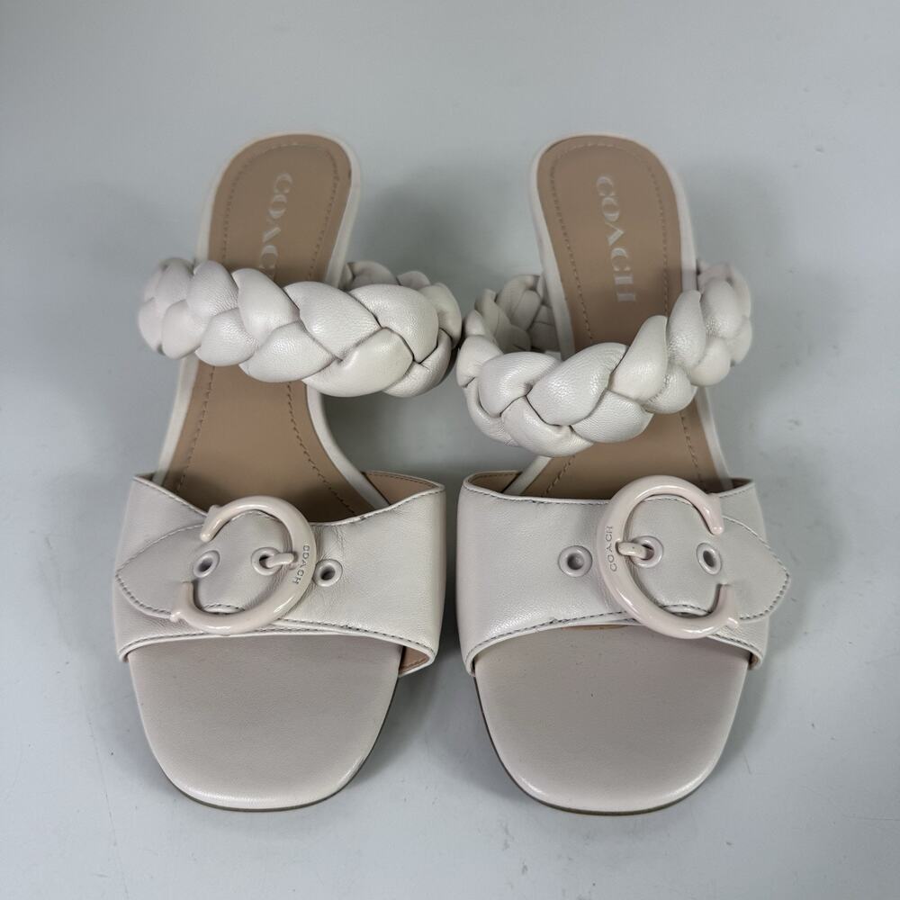 Coach Women's Mollie Leather Heeled Sandals sz 7 Chalk Braided & Buckle Strap